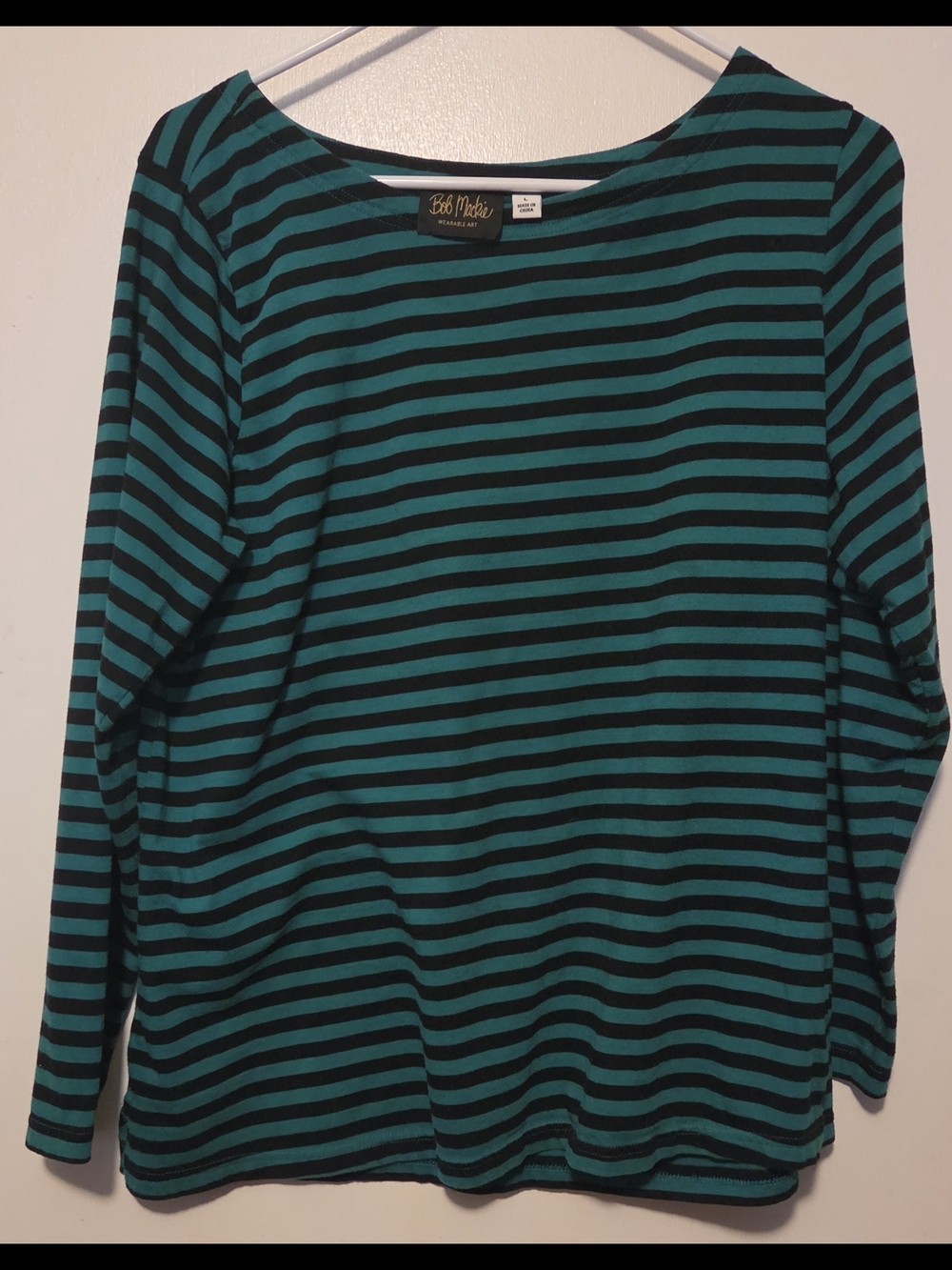 Bob Mackie Teal and Black Striped Long Sleeve Shirt